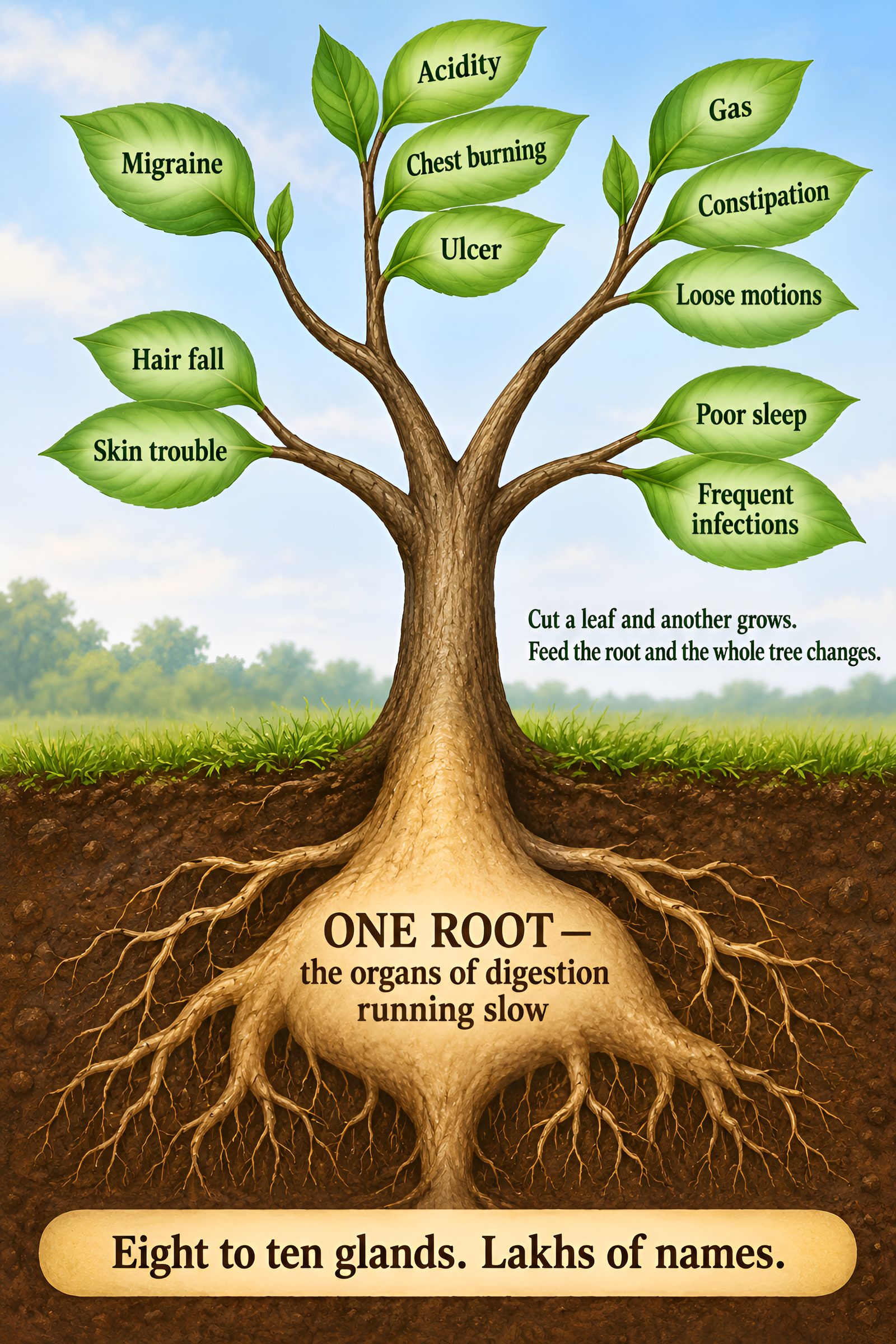 One root, many names. Many disease names grow from one root — the organs of digestion running slow.