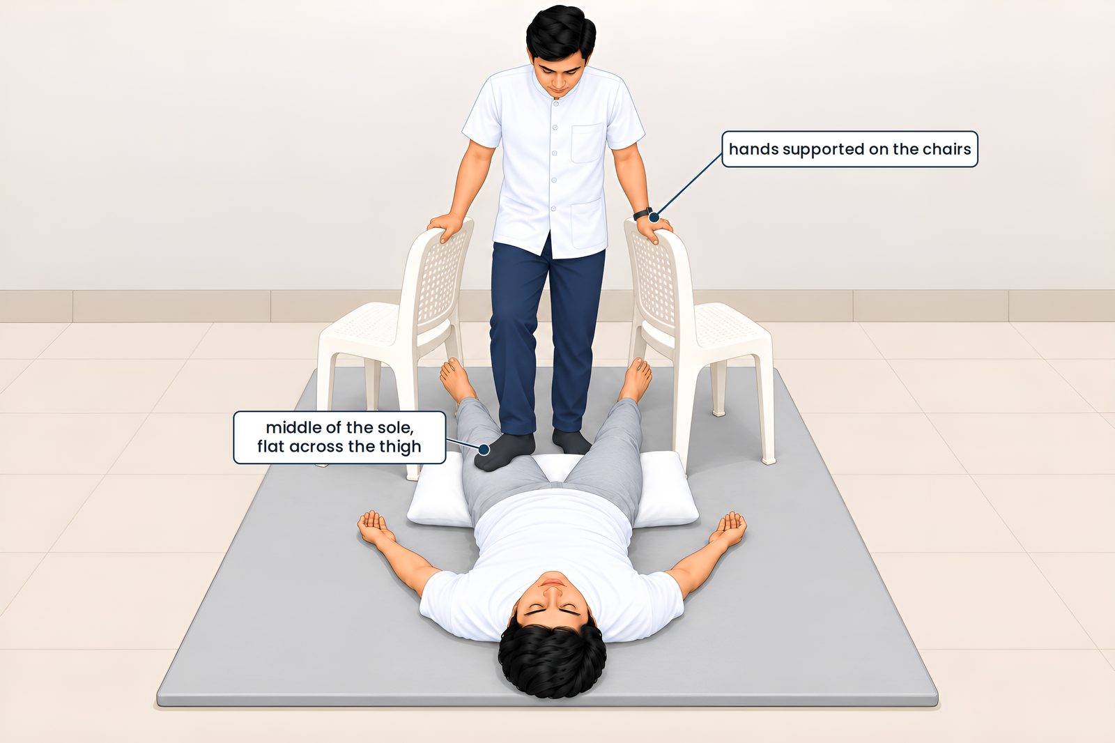 The two chairs: pressure given with the sole. The therapist stands between two upright chairs, palms pressing on the bac