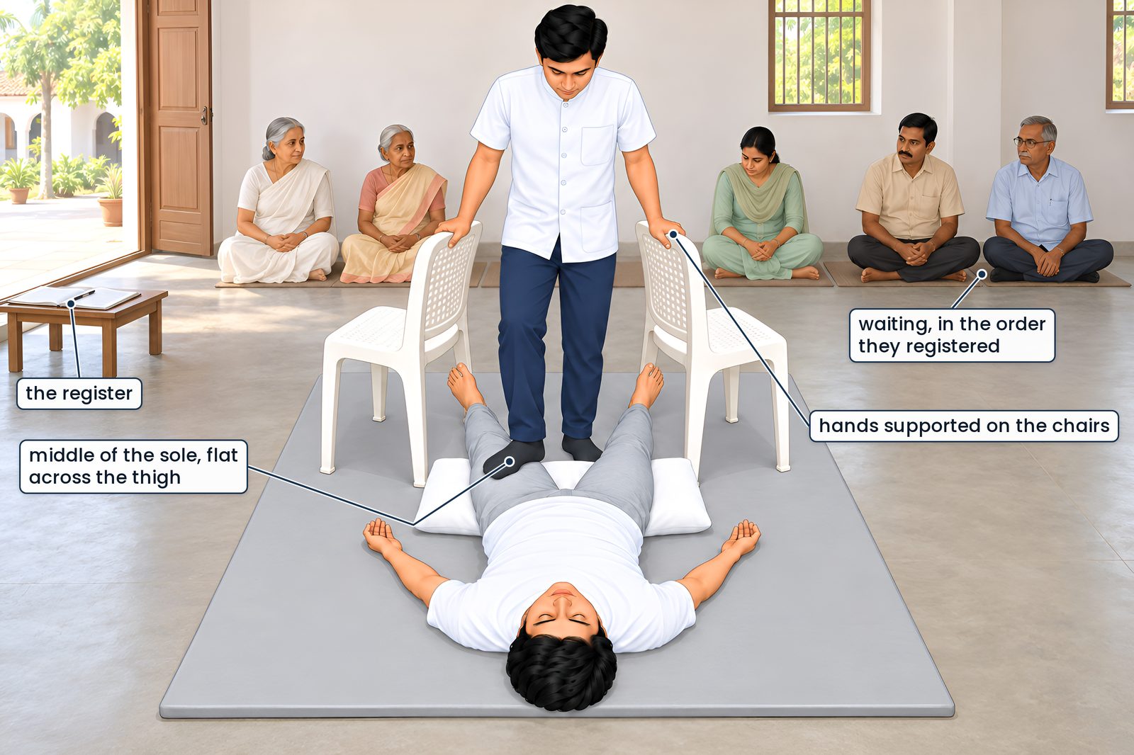 The Sunday camp: treatment given on the floor at the ashram. A patient lies on his back on a mattress laid on the floor