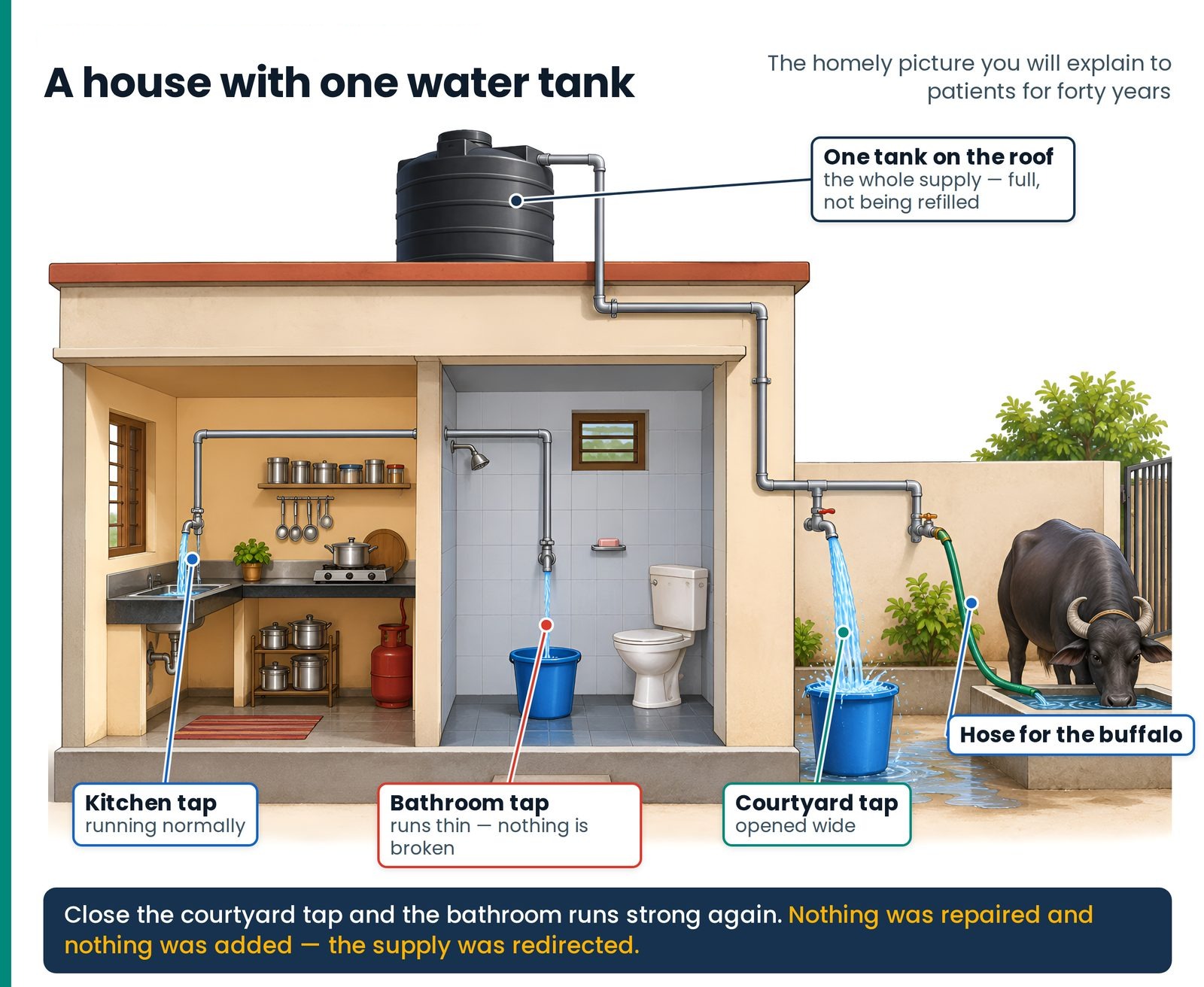 A house with one water tank on the roof. One tank and four outlets: open the courtyard tap wide and the bathroom runs th