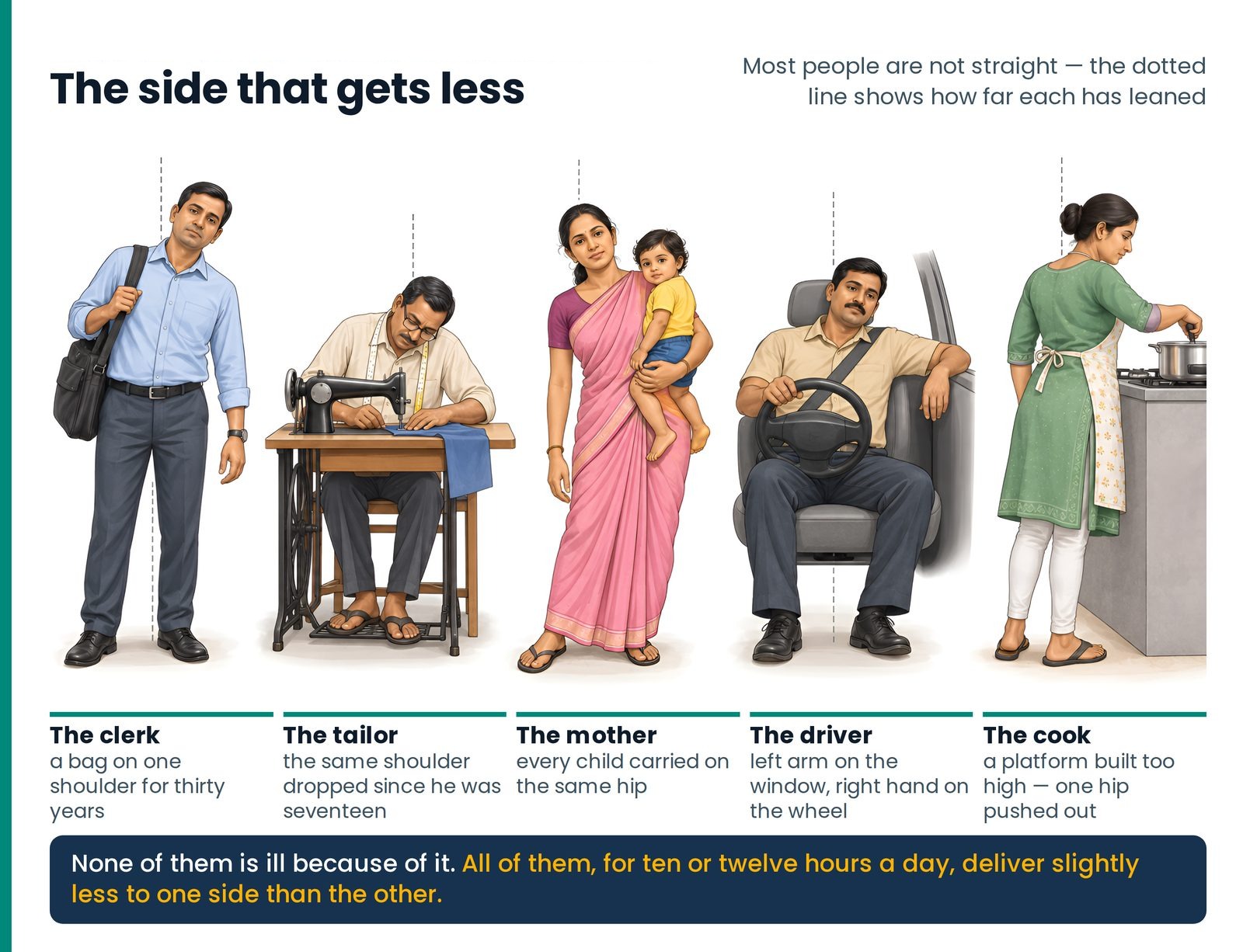 The side that gets less. Everyday leaning postures of a working life; the dotted line shows how far each person has lean