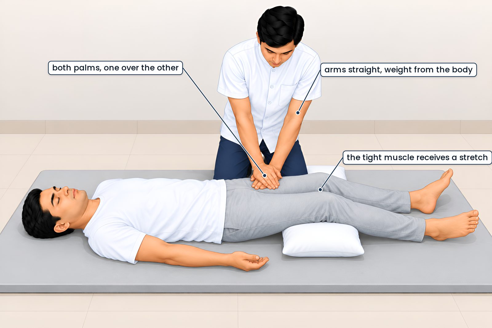 The stretch given to another: pressure along the thigh. The patient lies on his back on a mattress on the floor, a pillo