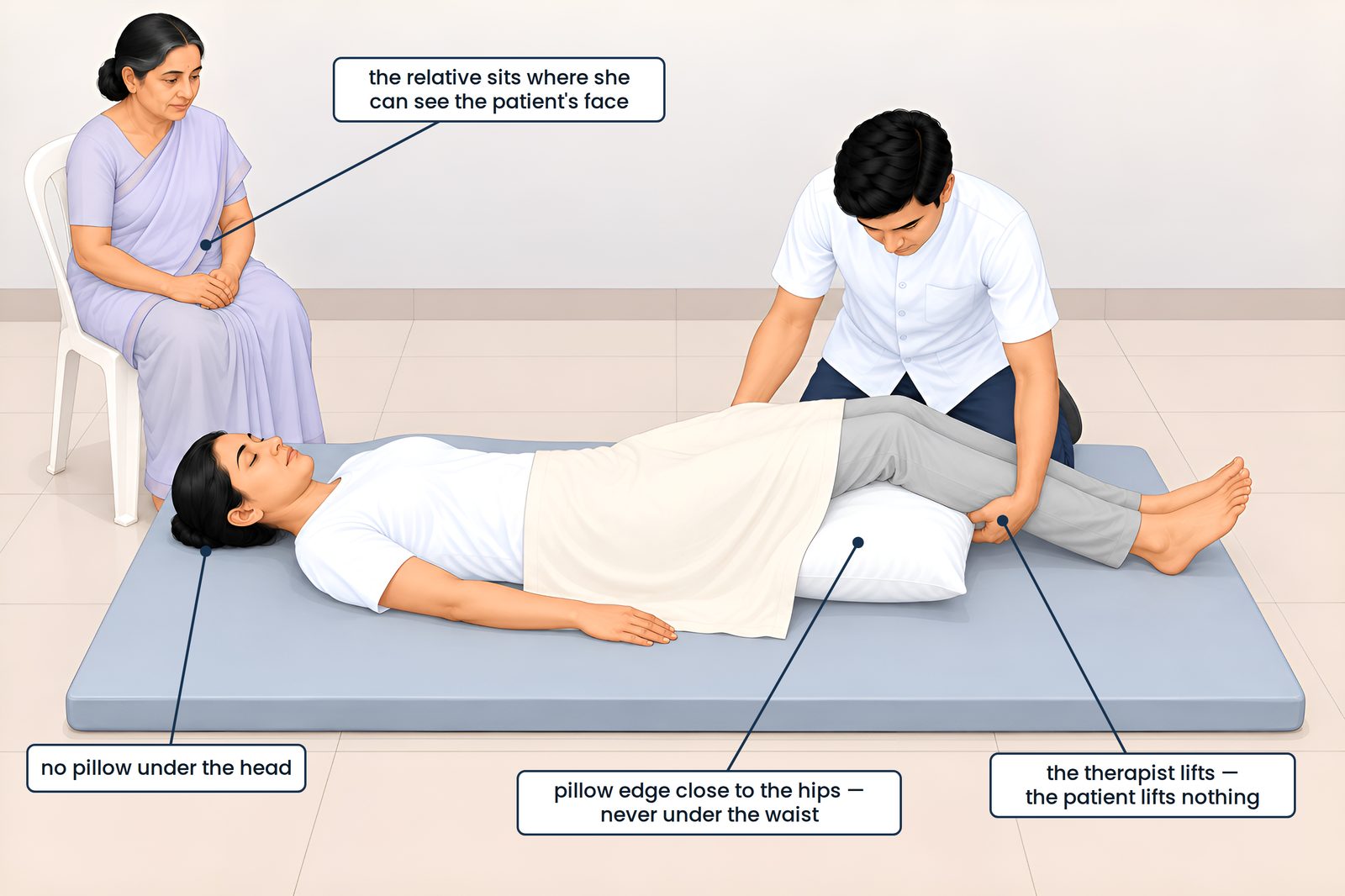 Before the first press. The therapist lifts both knees together and slides the pillow under the thighs, its edge close t