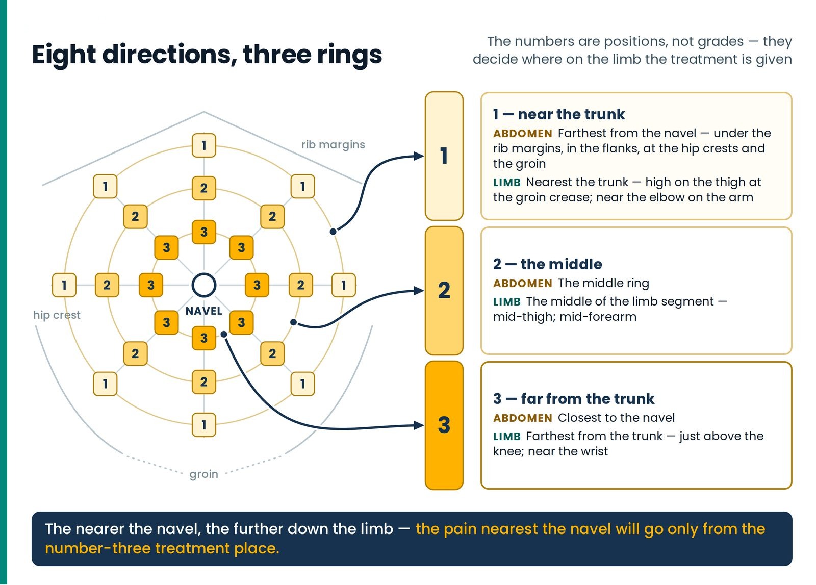Eight directions, three rings. The front-chart geometry as a wheel: eight directions round the navel, the same point at 