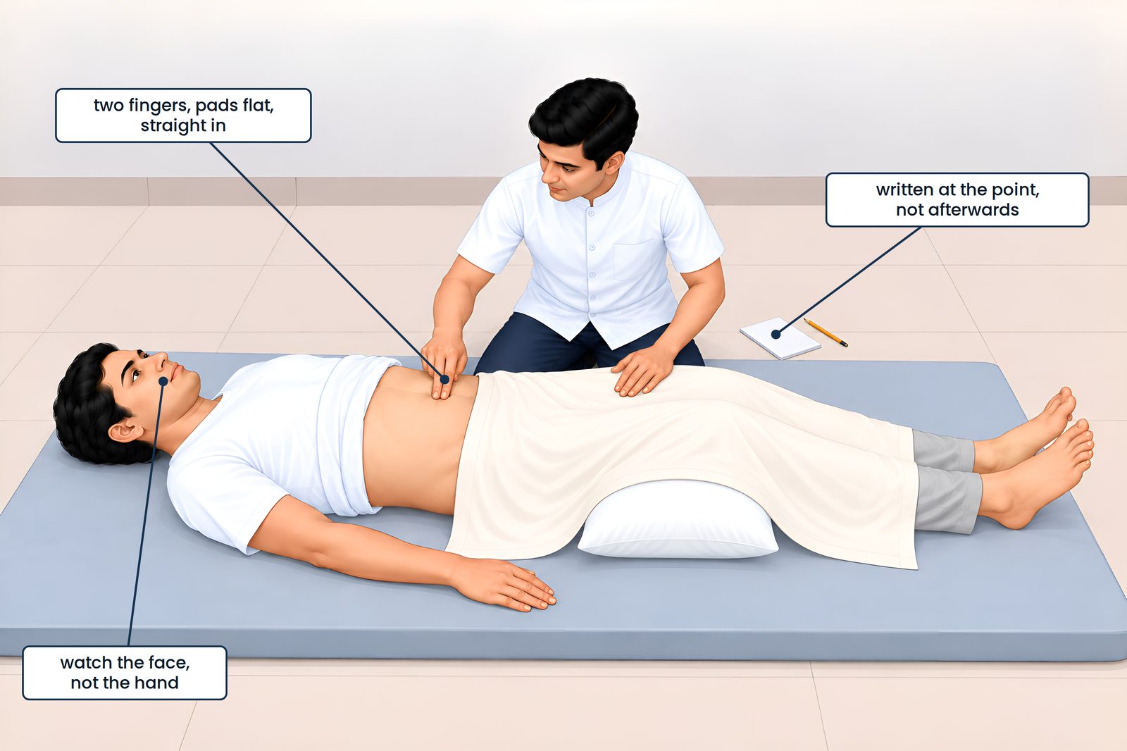 The examining hand, and the card beside the knee. Kneeling level with the patient's hip, two finger pads rest flat a lit