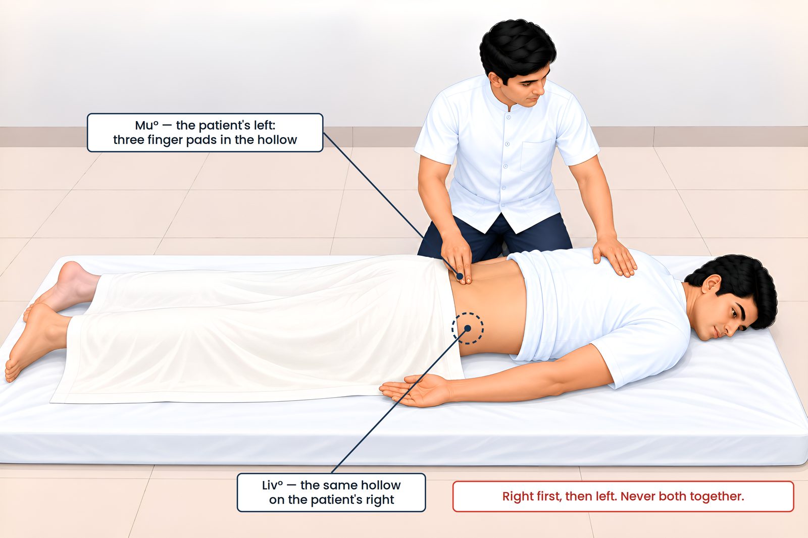 Comparing Mu° and Liv° at the low back. The patient lies face down, the low back uncovered from the last rib to the top 