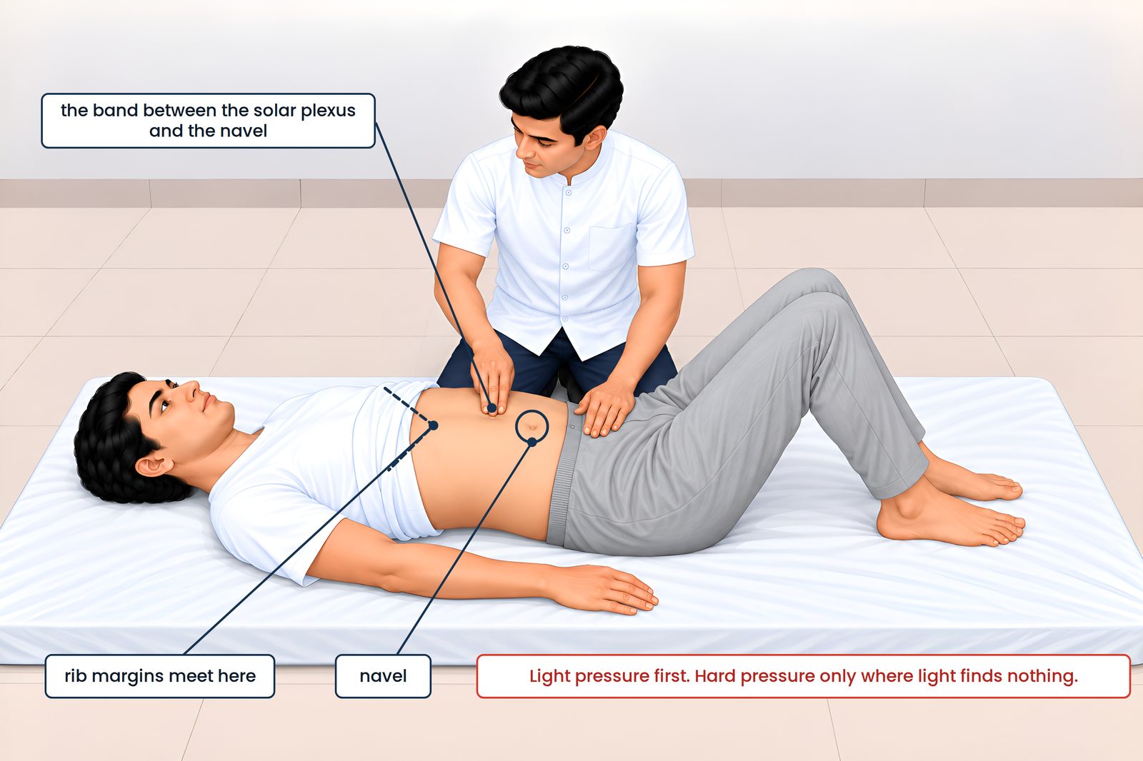 Pressing the band between the solar plexus and the navel. The patient lies on the back, knees bent so the abdominal wall