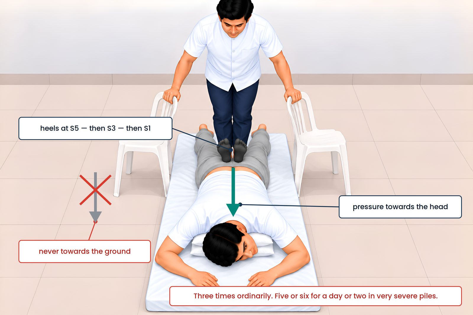 The Triangle for Piles: pressure towards the head. The patient lies face down with the chest raised on one and a half pi