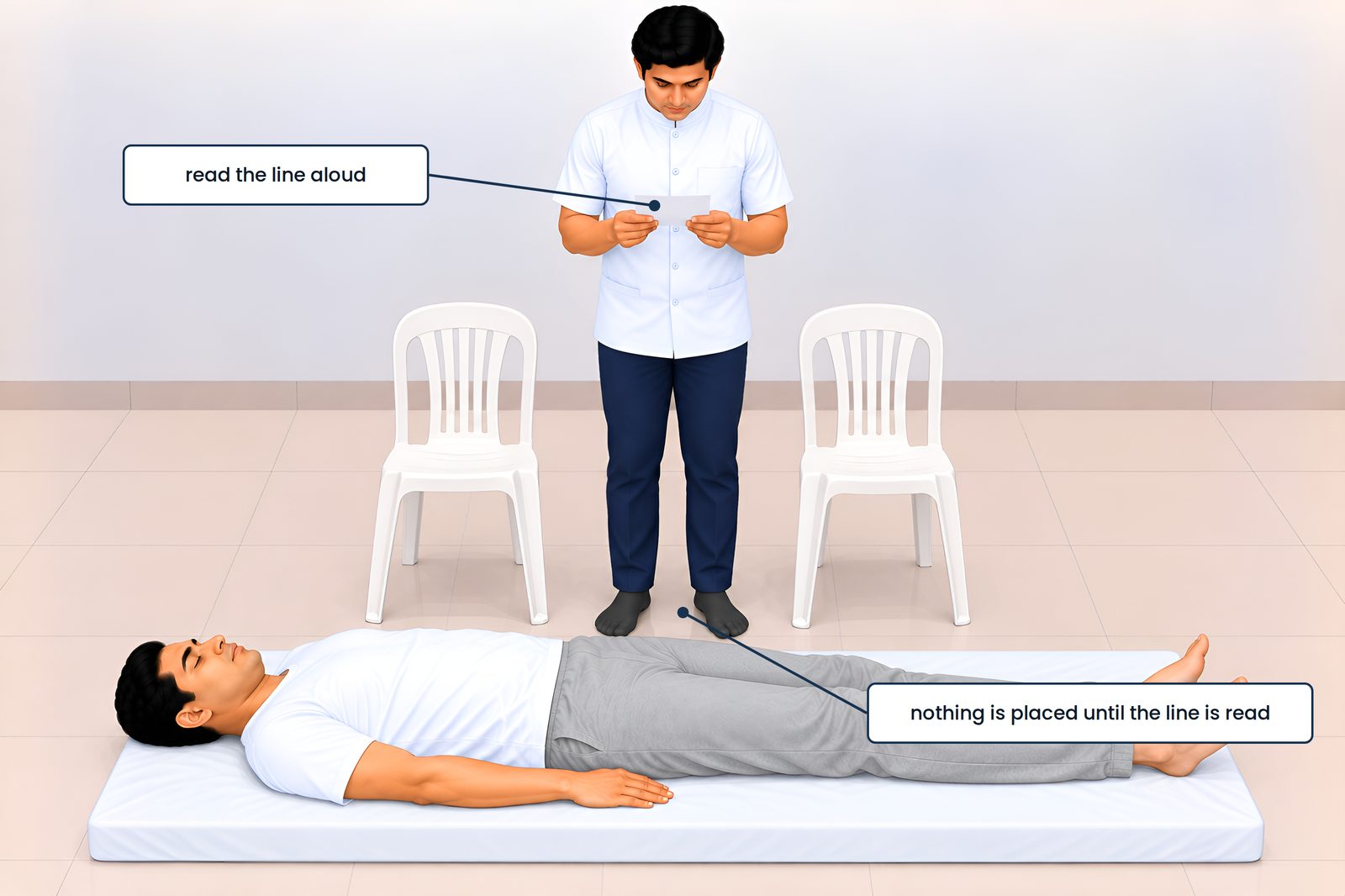 The card, read aloud before the foot is placed. The therapist stands between the two chairs beside the patient, both fee