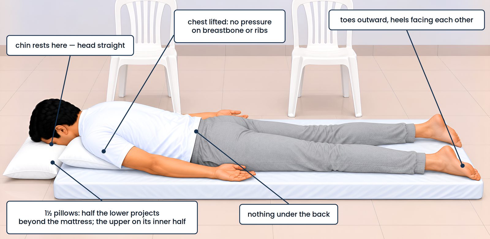 The 1½ pillows, and a patient laid face down. The prone arrangement. The lower pillow lies crosswise with half of it pro