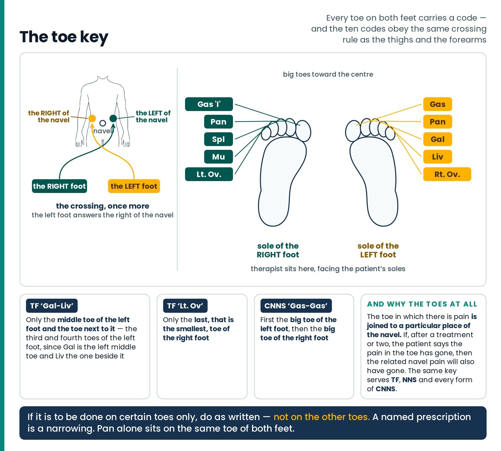 The toe key, and the crossing it repeats. The two soles with their ten code chips, big toes toward the centre, exactly a