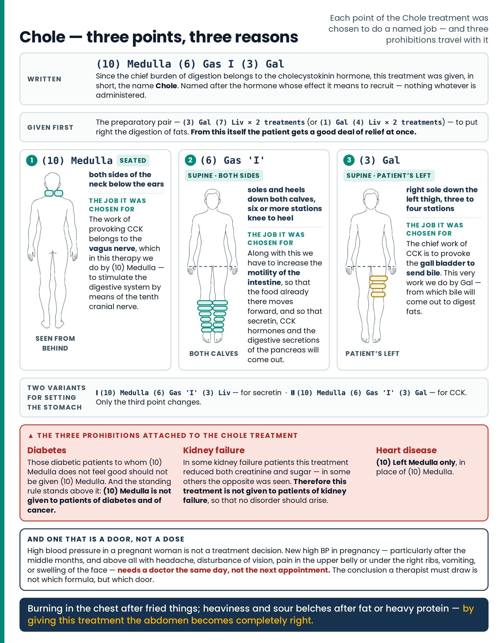 Chole — three points, three reasons. Each point of the Chole treatment beside the job it was chosen to do, with the prep