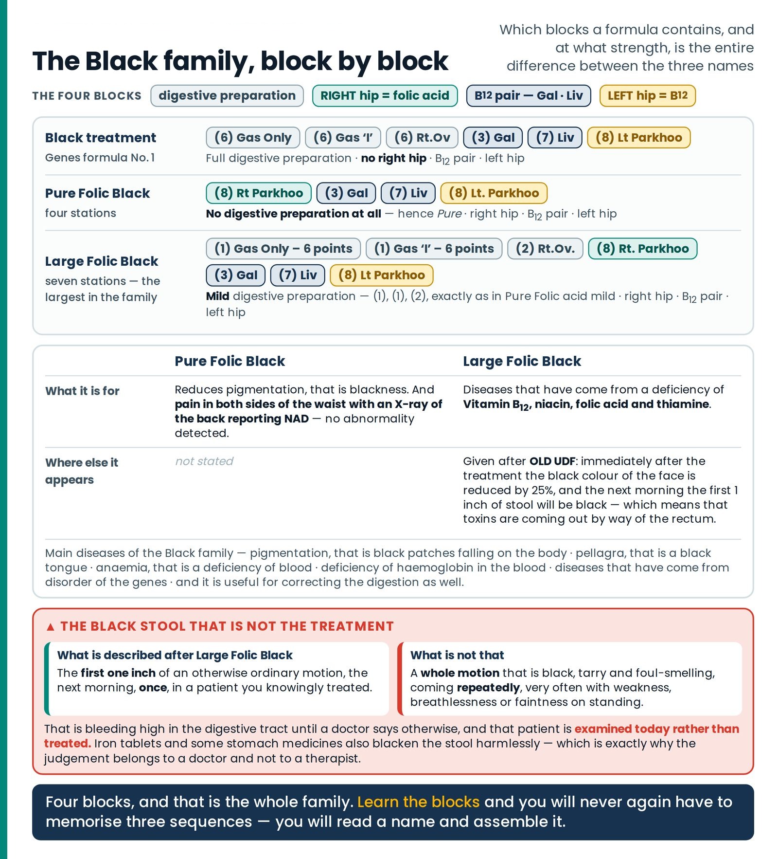 The Black family, block by block. Black treatment, Pure Folic Black and Large Folic Black set out as the same four block
