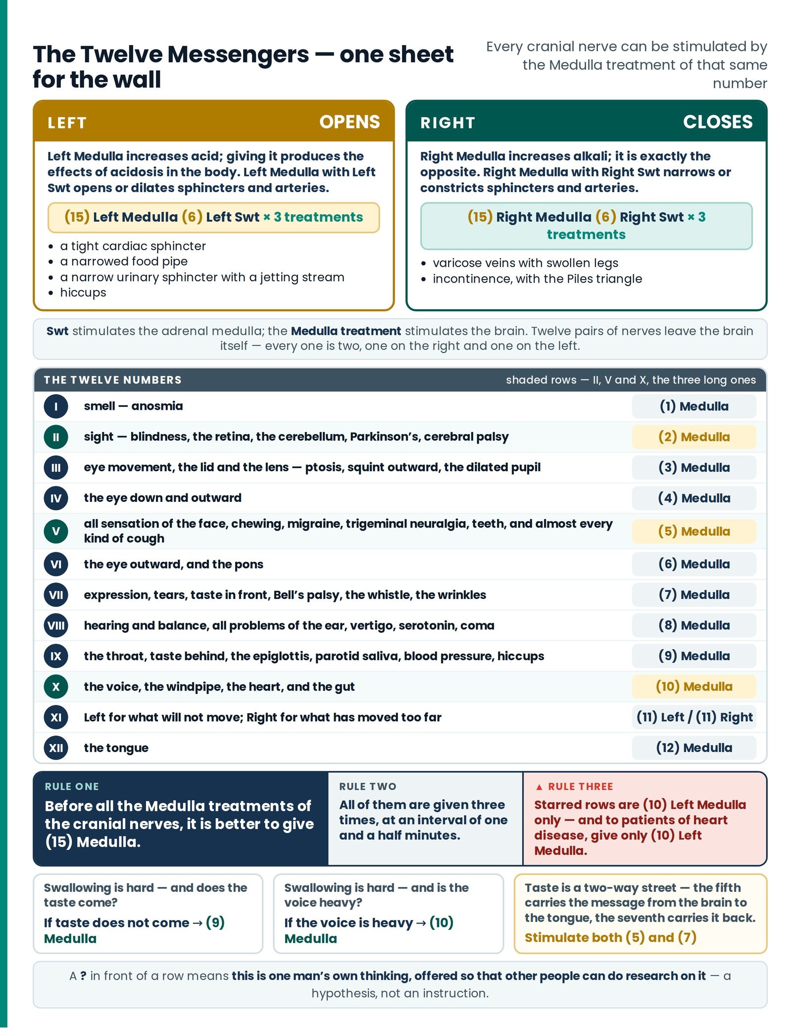 The Twelve Messengers — one sheet for the wall. The whole cranial-nerve index on one sheet — the polarity rule dominatin
