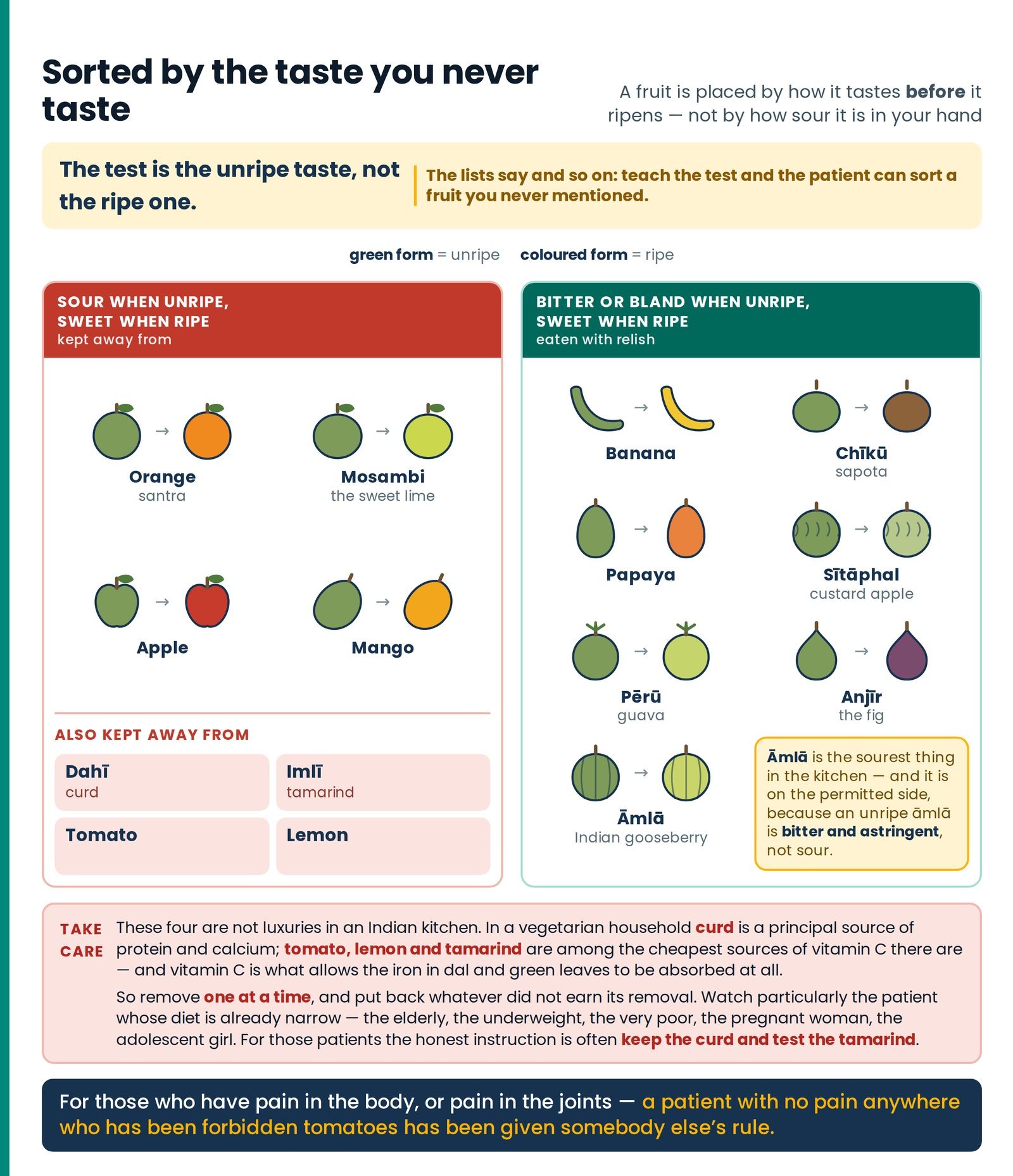 Sorted by the taste you never taste. The two columns of the sour rule drawn as fruit pairs — the unripe form beside the 