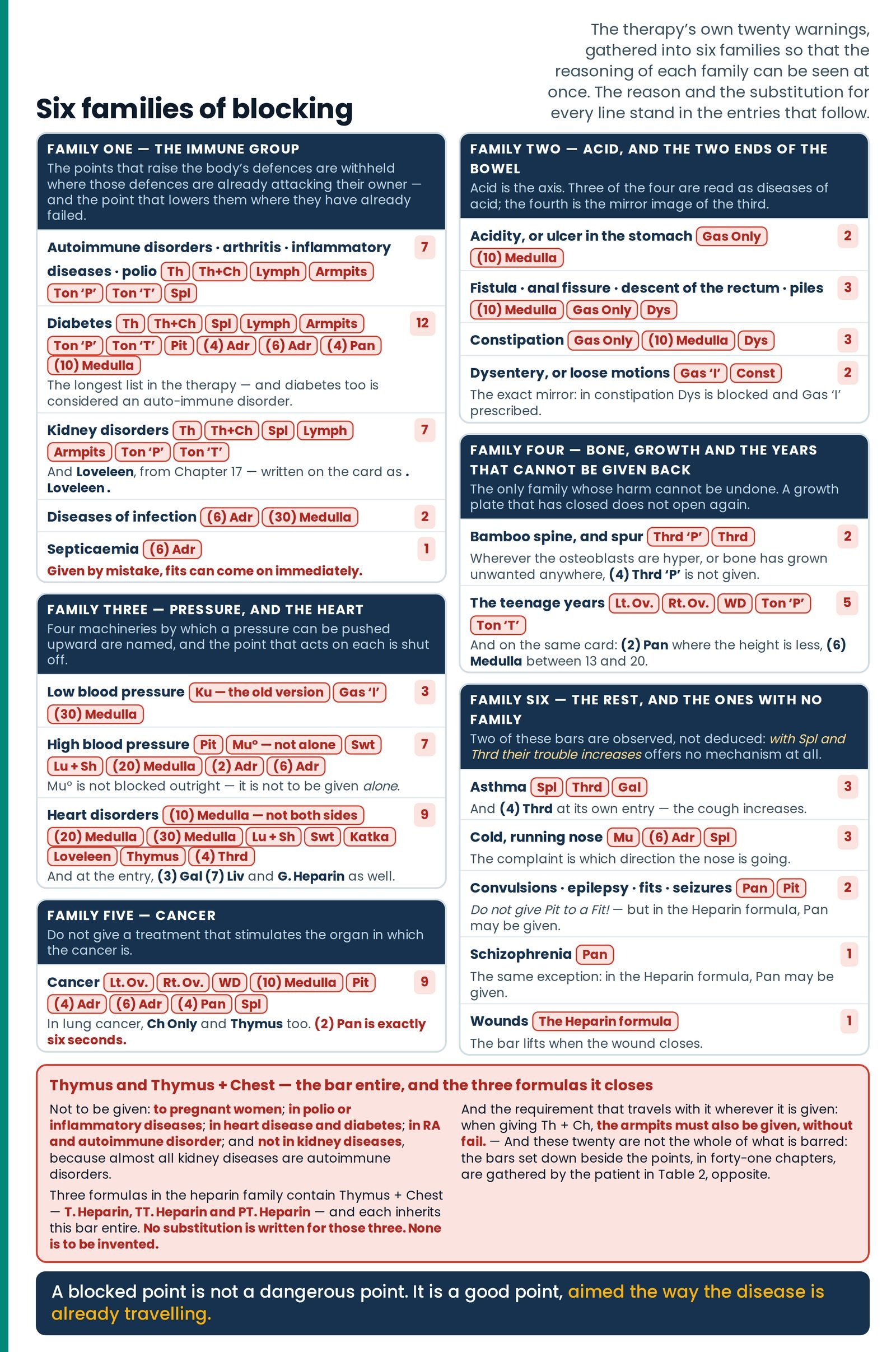 Six families of blocking. All twenty conditions of the master index grouped into the six families, each family carrying