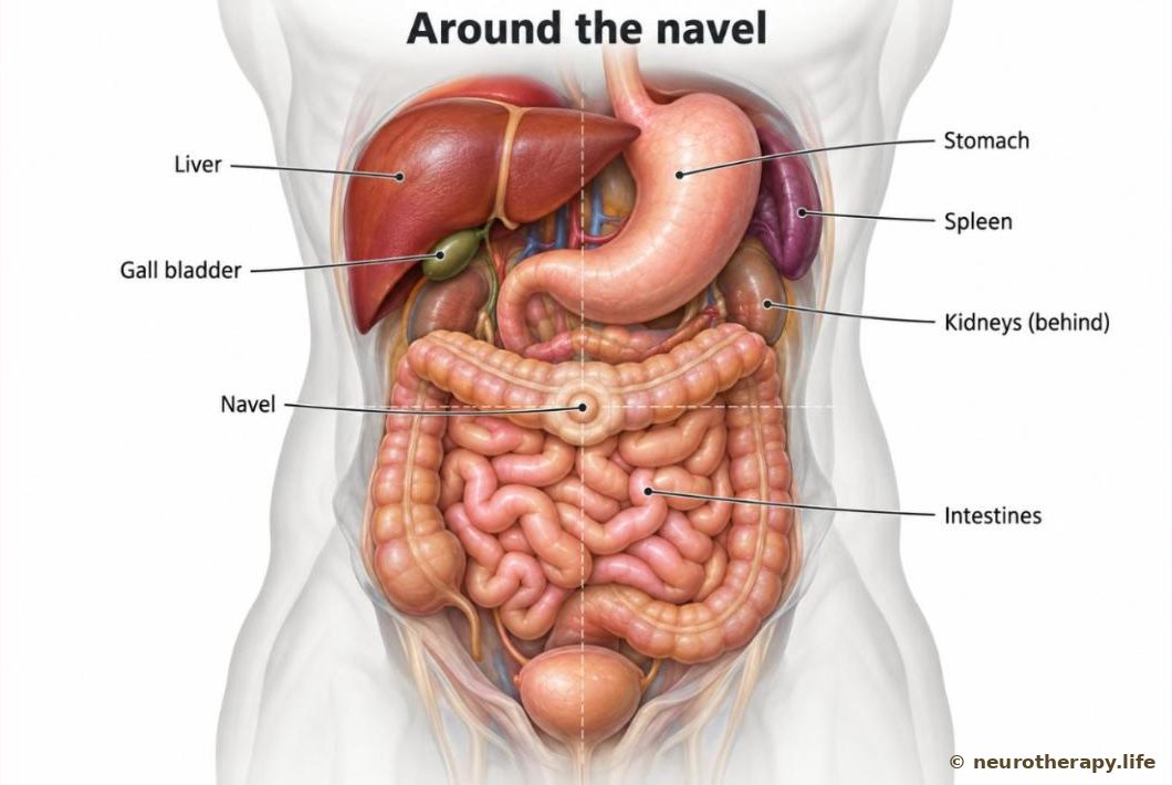 Front view of the abdominal organs around the navel, divided into four zones — above, the two sides, below — with the kidneys shown behind