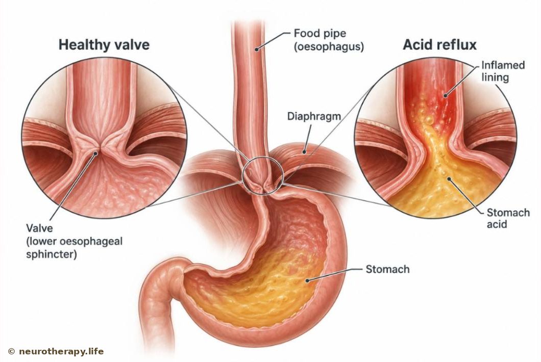 The stomach and food pipe, with a magnified view of the valve between them: tightly closed on one side, and open with acid rising into the food pipe on the other