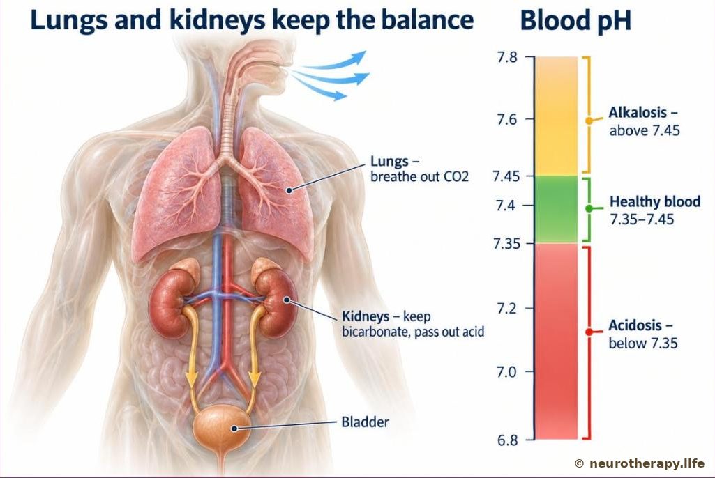 A neutral mannequin torso showing the lungs and the two kidneys, with a blood pH scale beside it: a green band from 7.35 to 7.45 and a red zone below 7.35 marked acidosis