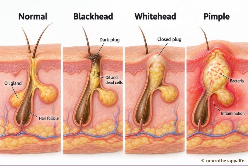 Four magnified cross-sections of a hair follicle in a row: a normal follicle, a blackhead with a dark plug, a whitehead with a closed plug, and an inflamed red pimple with pus