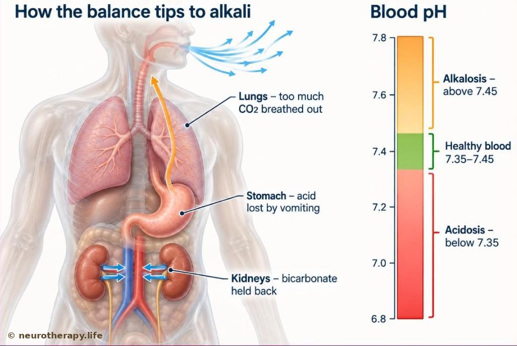 A neutral mannequin torso showing the lungs, stomach and two kidneys, with a blood pH scale beside it: a green band from 7.35 to 7.45 and an amber zone above 7.45 marked alkalosis