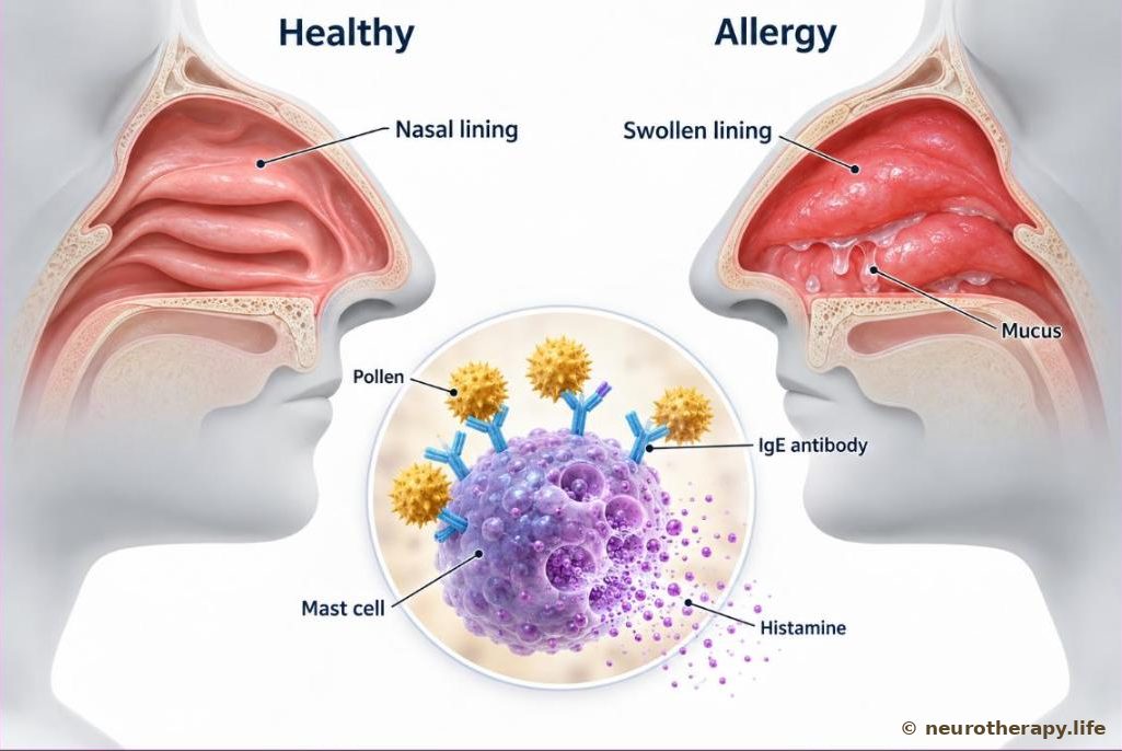 Side cut-away of the nose showing a calm healthy lining on the left and a swollen, red allergic lining on the right, with a magnified inset of a mast cell releasing histamine when pollen grains lock onto antibodies on its surface