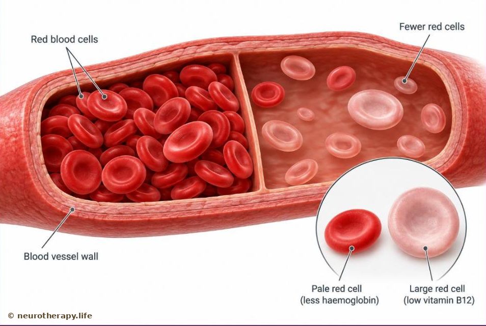 A blood vessel cut open, with healthy, full red blood cells on one side and fewer, pale red blood cells on the other