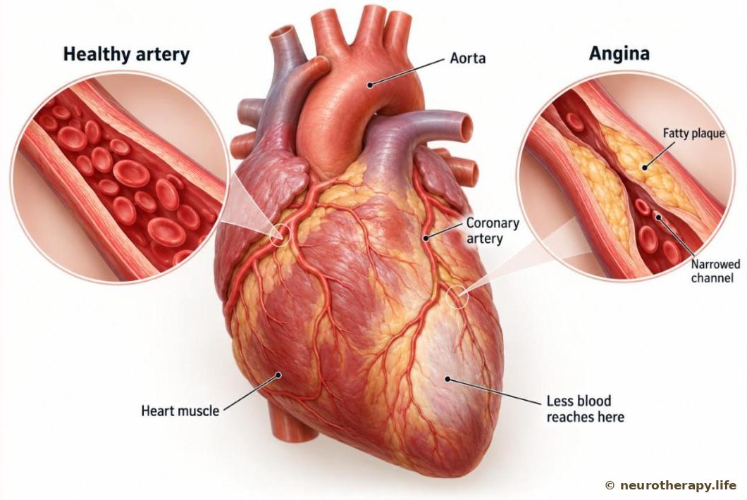 The heart with its coronary arteries, and two magnified cut-away views of one artery: open with free blood flow, and narrowed by fatty plaque so less blood reaches the heart muscle