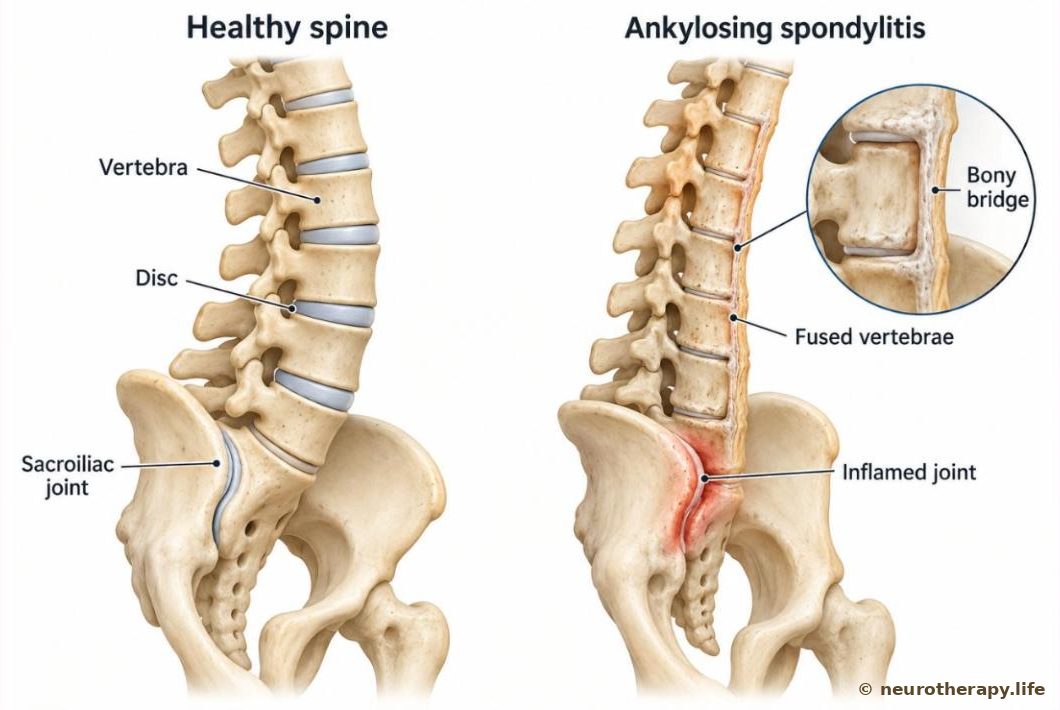 Two lower spines side by side from the side: on the left a healthy spine with separate vertebrae and discs; on the right a spine with ankylosing spondylitis, where bony bridges join the vertebrae into one stiff column and the sacroiliac joint is inflamed