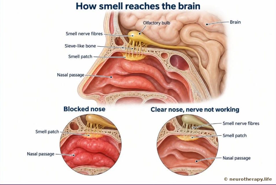 Side cut-away of the head showing the nasal passage, the small smell patch high in the nose, smell nerve fibres passing through a thin sieve-like bone, and the olfactory bulb under the front of the brain; two circles compare a blocked nose with a clear nose whose smell nerve is not working