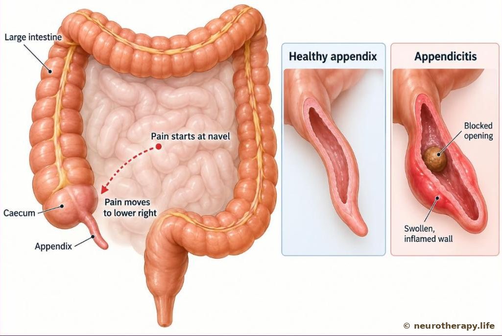 Front cut-away of the abdominal organs showing the large intestine and the appendix in the lower right, with two magnified views comparing a healthy slim appendix and a swollen, red, blocked appendix
