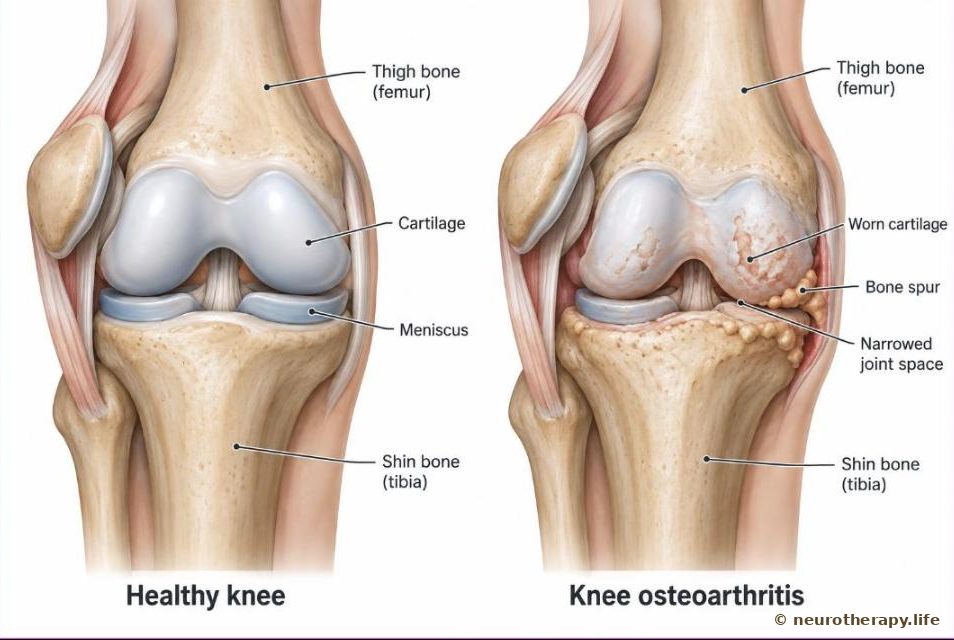 A healthy knee beside a knee with osteoarthritis, showing worn cartilage, a bone spur and a narrowed joint space