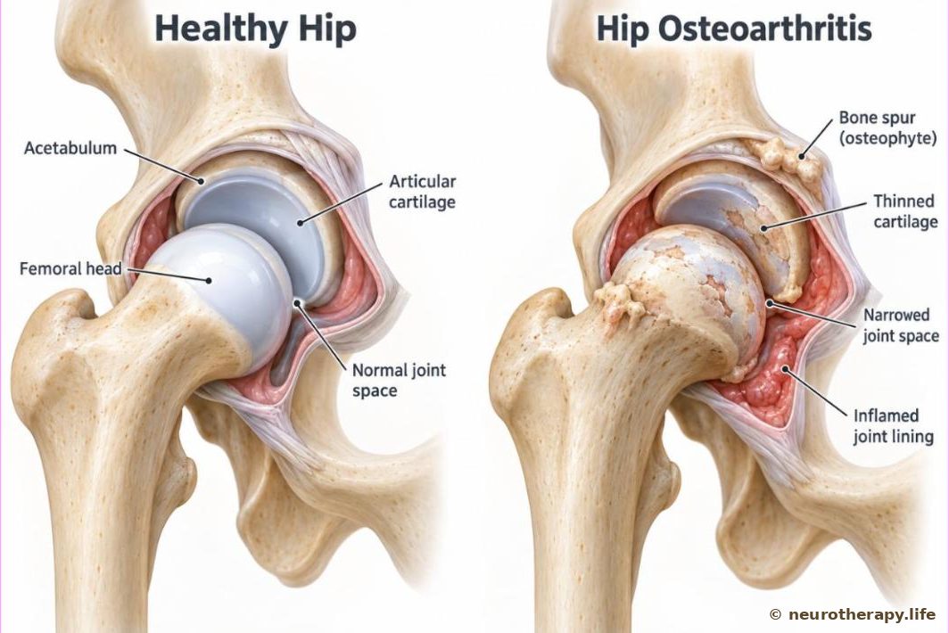 Two hip joints side by side, seen from the front: on the left a healthy hip with a smooth, even cartilage layer on the ball and socket; on the right a worn hip with thin, rough cartilage, a narrowed gap and small bony spurs