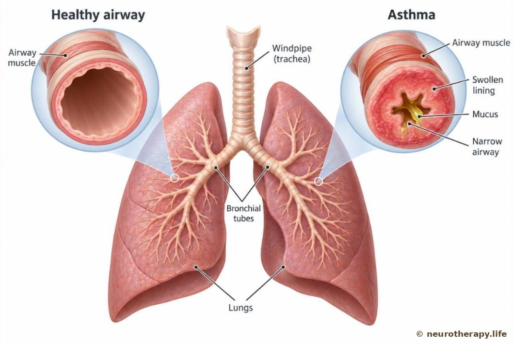 The lungs and their branching airways, with a magnified cross-section of a small airway: wide and open on one side, and swollen, tightened and full of mucus on the other