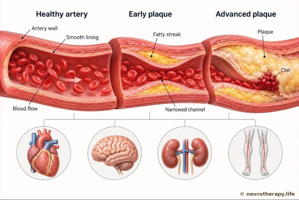 One artery cut open lengthwise in three stages, from a smooth open artery to one with a fatty streak to one badly narrowed by a hard plaque with a clot on it; small side icons show the heart, brain, kidneys and legs that the arteries feed