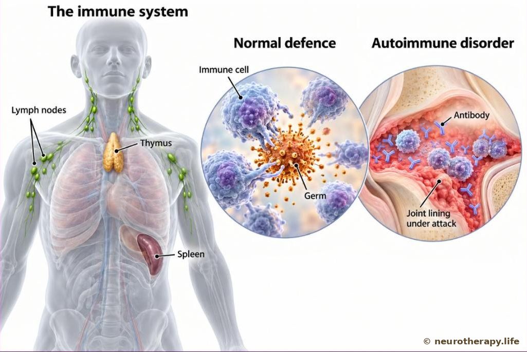 A neutral mannequin outline showing the thymus, lymph nodes and spleen of the immune system; two magnified circles compare immune cells attacking a germ with immune cells and antibodies attacking the body's own joint lining