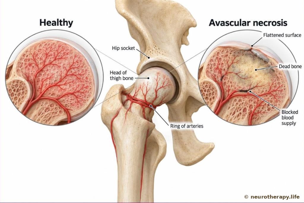 The hip joint from the front with the thigh-bone head sitting in its socket; the small arteries ringing the neck of the thigh bone are shown, and two magnified circles compare a healthy, round bone head with a dead, flattened one