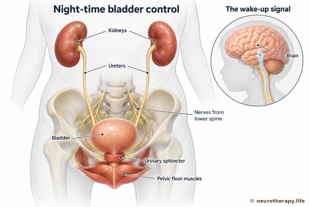 Cut-away of a child's lower abdomen and pelvis showing the kidneys, the bladder, the ring-shaped urinary sphincter, the pelvic floor muscles and the nerves from the lower spine, with an inset of the brain receiving the 'bladder full' signal