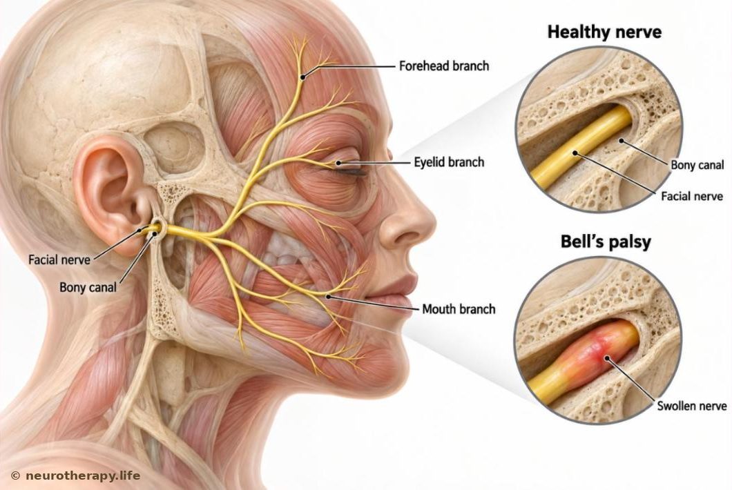 Side view of the head showing the facial nerve leaving the skull through a narrow bony canal behind the ear and fanning out to the forehead, eye, cheek and mouth; two magnified circles compare a healthy nerve in its canal with a swollen, squeezed one