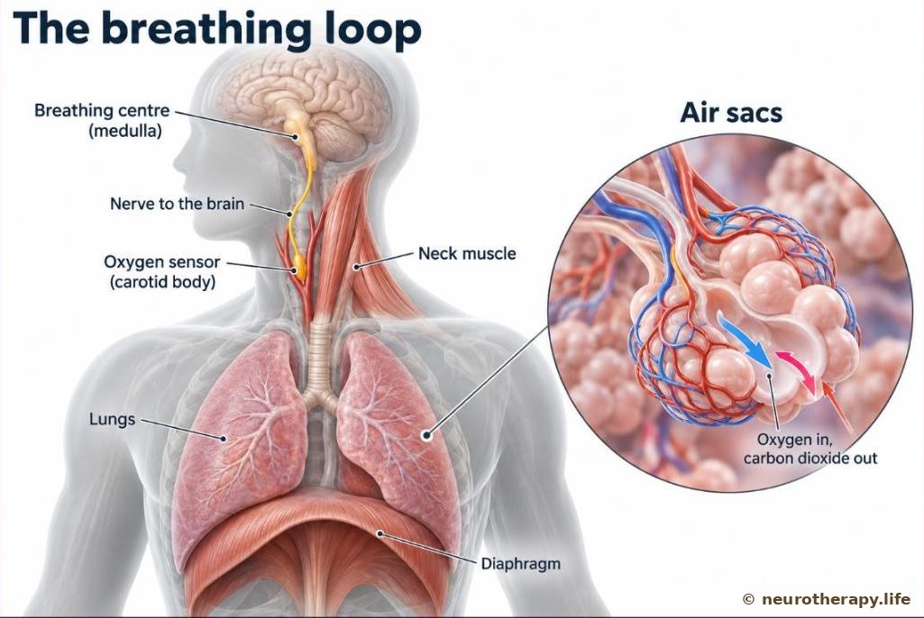 Side view of a neutral mannequin's head, neck and chest showing the breathing centre in the brainstem, the oxygen sensor in the neck, the neck muscle, the lungs and the diaphragm, with a magnified circle of tiny air sacs