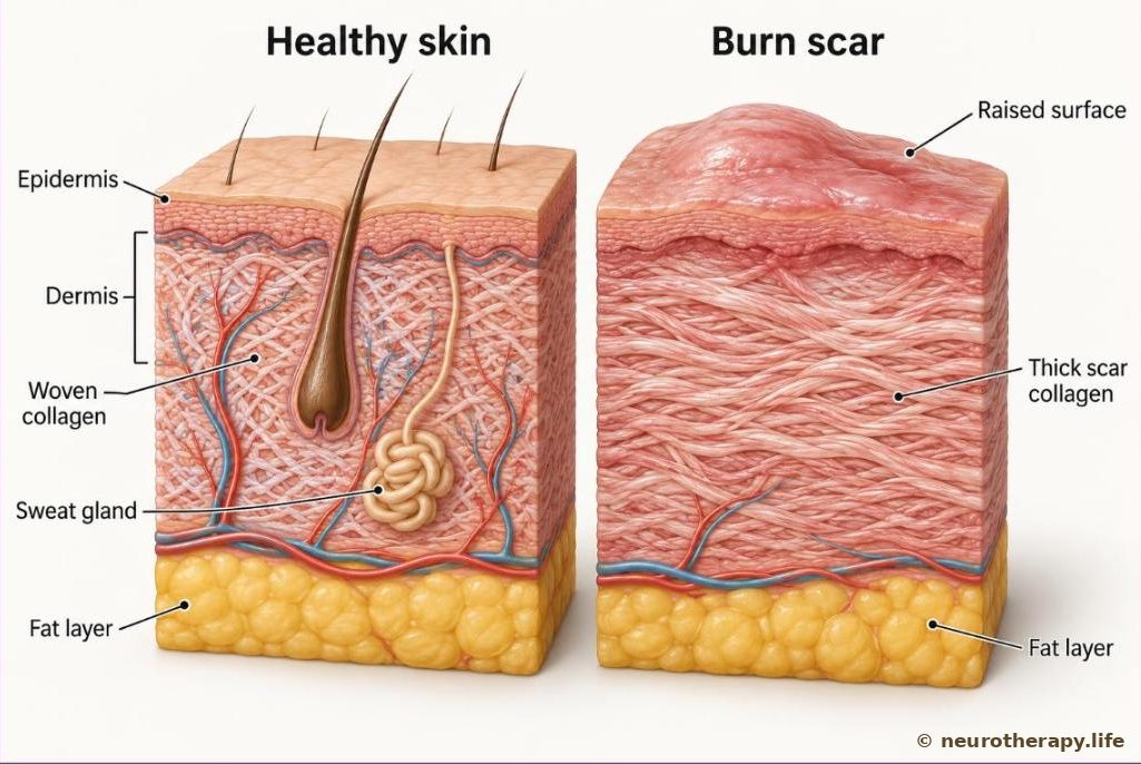 Two skin cross-sections side by side: healthy skin with neat, woven collagen, and a raised burn scar with thick, tangled collagen and few hair roots or sweat glands