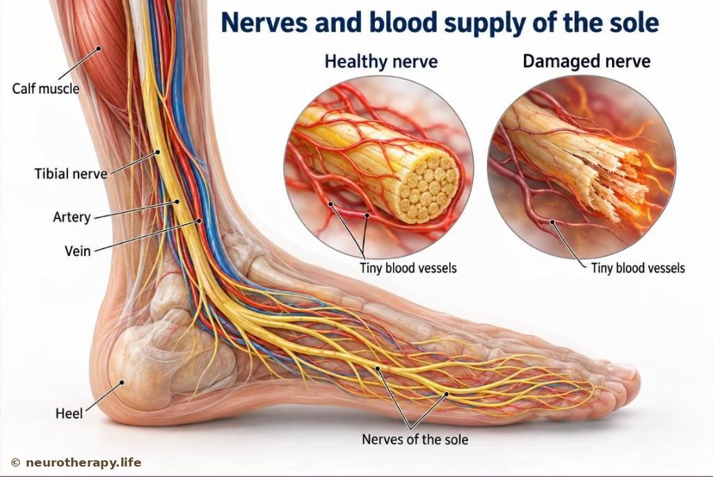 Lower leg and foot of a neutral mannequin with the skin made transparent to show the main nerve and blood vessels running to the sole; a magnified circle compares a healthy nerve with its tiny blood vessels and a damaged nerve with narrowed vessels