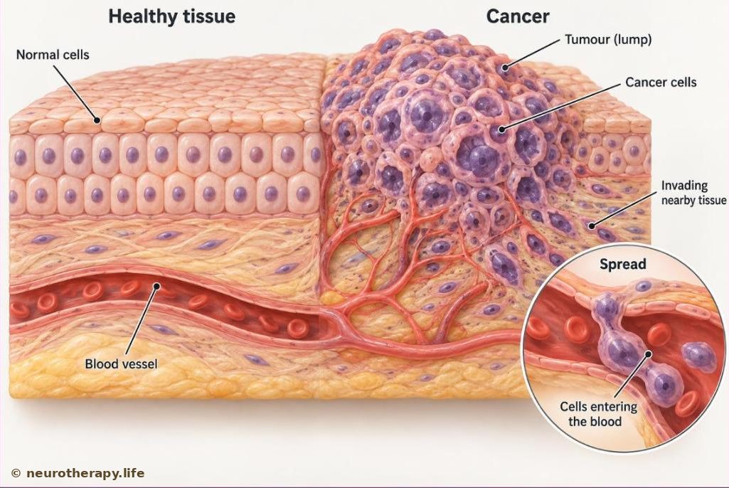 Magnified cut-away of body tissue: on the left, healthy cells in neat even rows; on the right, a lump of crowded, uneven cancer cells pushing into the tissue around it, with a few cells entering a nearby blood vessel