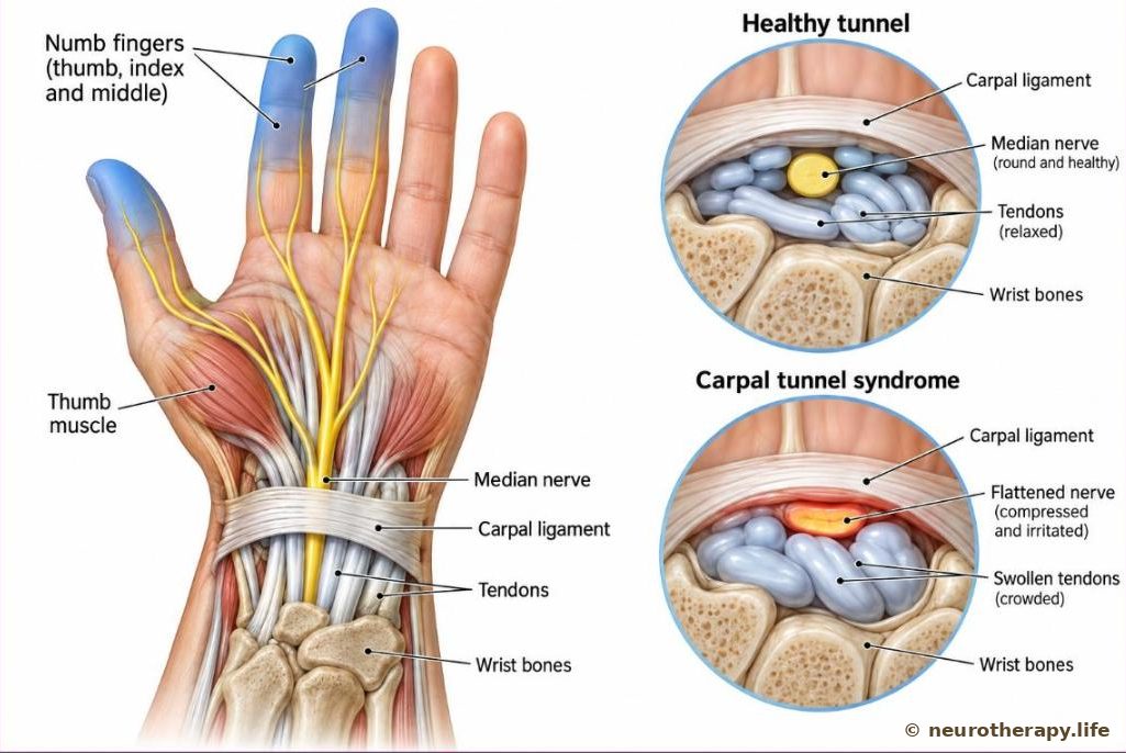 The palm side of a right hand and wrist with the skin see-through, showing the median nerve running under a tough band across the wrist bones into the thumb and first three fingers; two magnified cross-sections compare an open tunnel with a crowded one that flattens the nerve