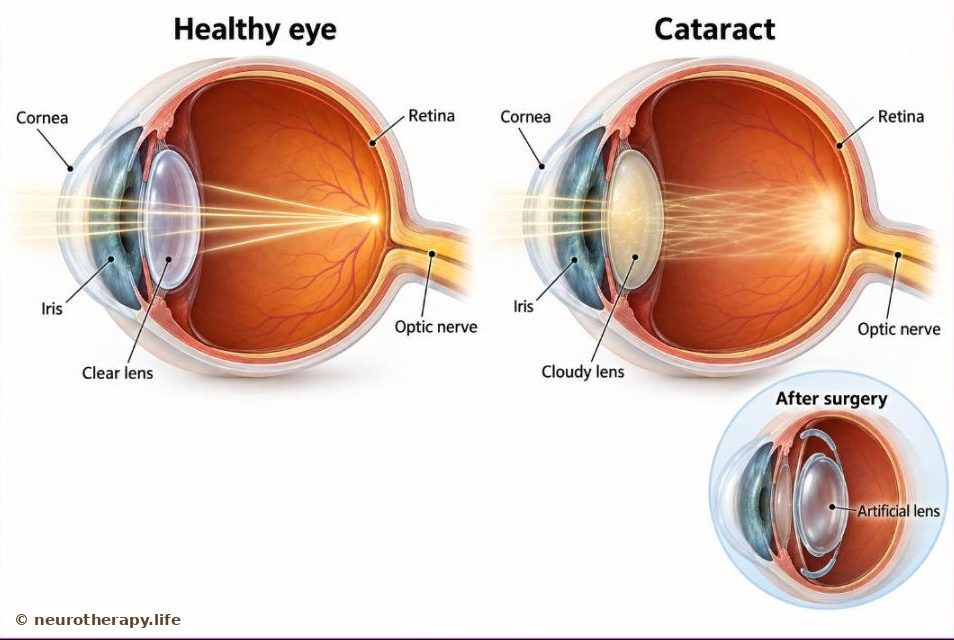 Side-by-side cut-away views of a healthy eye with a clear lens focusing light sharply on the retina, and an eye with a cloudy yellowish lens that scatters the light