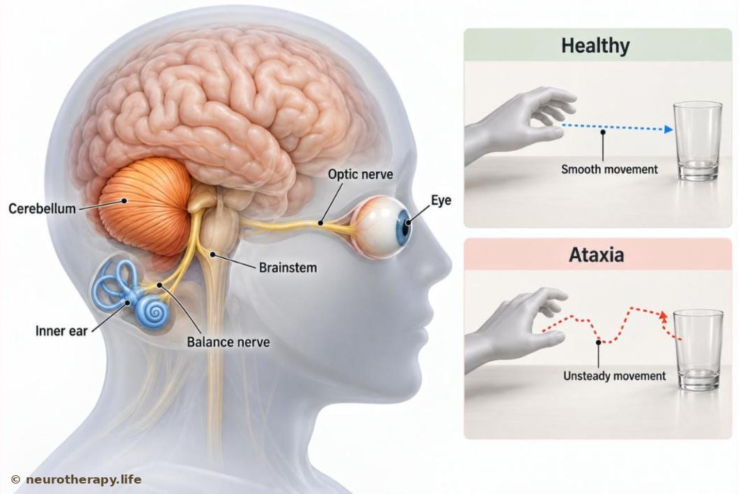 A side view of a semi-transparent head showing the brain with the cerebellum highlighted at the back, the optic nerve from the eye and the balance nerve from the inner ear leading into it; two small panels compare a smooth, straight reaching path with a zig-zag, overshooting one