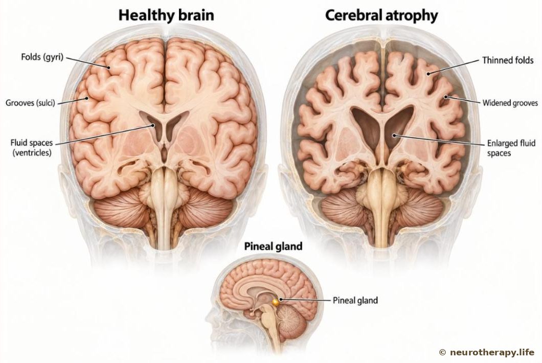 Two brains side by side, cut down the middle from the front: a healthy brain filling the skull outline with narrow grooves and small fluid spaces, and an atrophied brain with thin folds, wide grooves and enlarged fluid spaces; a small inset marks the pineal gland
