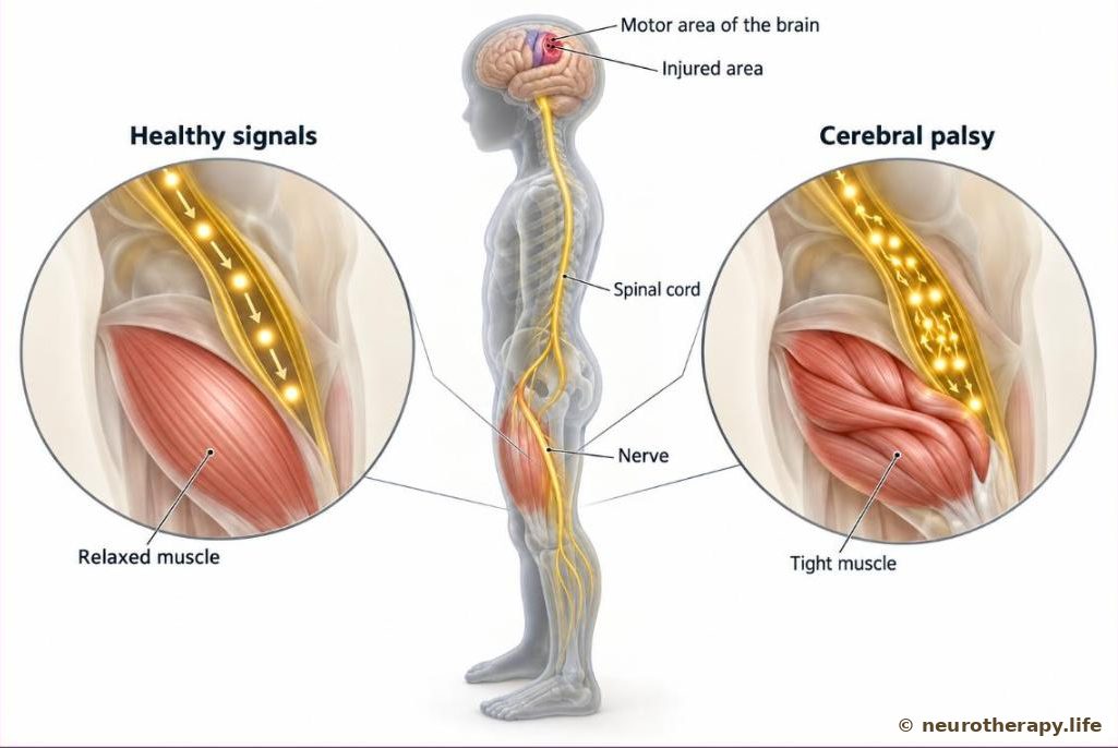 A child-sized neutral mannequin seen from the side with the brain and spinal cord shown inside; the motor area of the brain is highlighted, and two magnified circles compare smooth nerve signals reaching a relaxed leg muscle with jumbled signals reaching a tight muscle