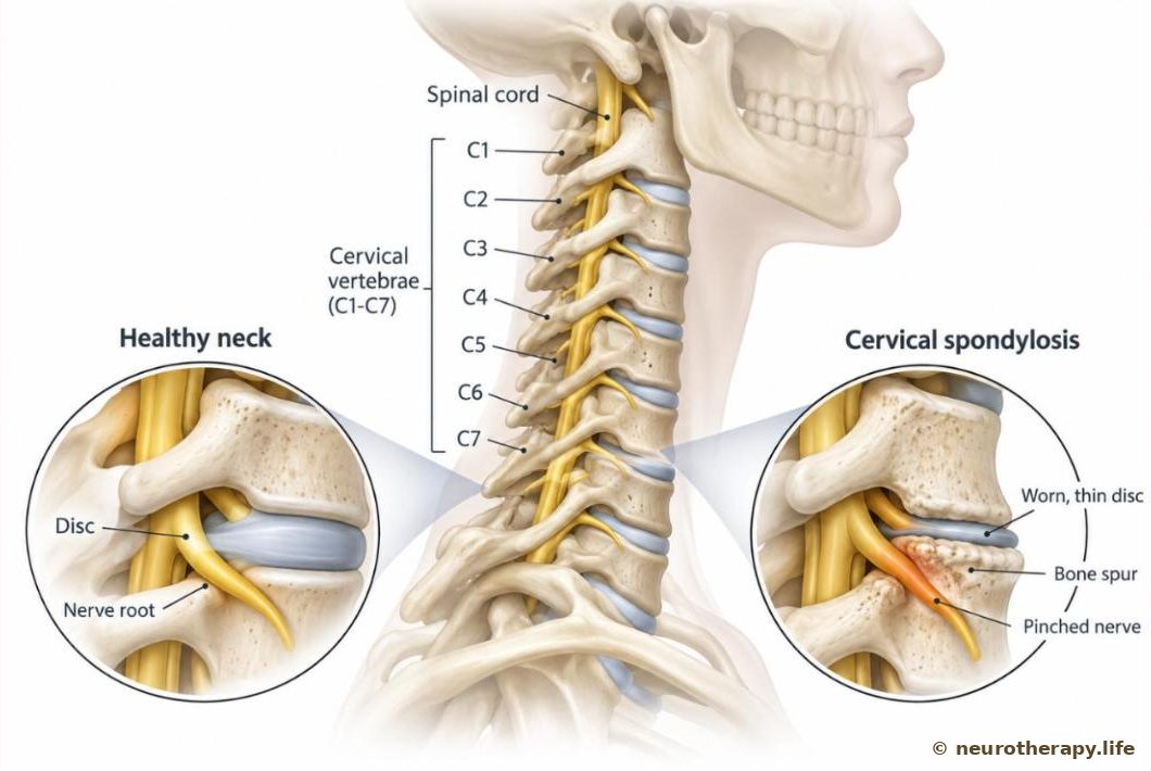 Side view of the neck bones, with a magnified pair of vertebrae: a healthy, thick disc on one side and a thin, dried disc with bony spurs pressing near a nerve on the other