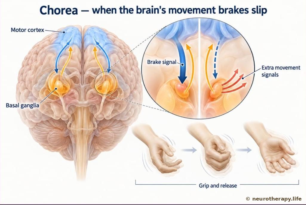 A see-through brain from the front showing the basal ganglia deep inside, with a magnified circle of the movement circuit and a neutral mannequin hand showing the grip-and-release movement